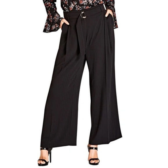NWT City Chic Tonal Stripe Belted Wide Leg Black Trouser Pants - Picture 1 of 10